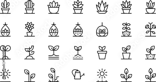 Indoor Plant and Care Icons Set Cactus Succulent Potted Plant Seedling Watering Can Sun and Growth Symbols for Gardening Apps UI and Biophilic Design