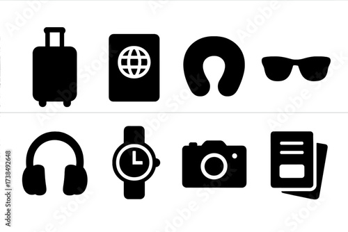 Private Jet Essentials Icons. Solid, filled icon set of private jet travel essentials: suitcase, passport, sunglasses, travel pillow, headphones, watch,