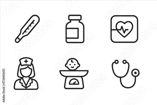 Baby Health Icons. Outline icon set of baby health: thermometer, medicine bottle, bandage, heart monitor, nurse, baby scale, vaccine, stethoscope. Line icons
