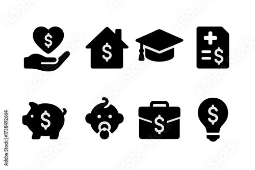 Tax Deductions Icons. Solid, filled icon set of tax deductions and credits: charity donation, home mortgage, education expense, medical bills, retirement