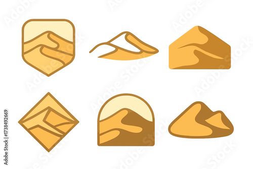 Desert Tourism Logos. Desert tourism and exploring arid landscapes. Set Logo of Desert tourism: sand dunes. harmonious logo variations of the same emblematic