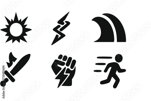 Battle Magic Icons. Solid, filled icon set of battle magic: arcane explosion, chain lightning, magic blade, blast wave, charged fist, burning step, frost nova,