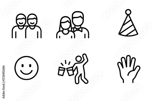 Bar Icon Collection. Outline icon set of themed bar clientele: group of friends, couple, bartender, party hat, smiley face, clinking glasses, dance pose, hand