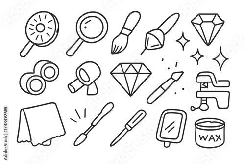 Jewelry Polishing Tools. Hand-drawn doodle illustration refinement process polishing wheel, magnifying glass, brush, rotary tool, jeweler?s loupe, diamond,