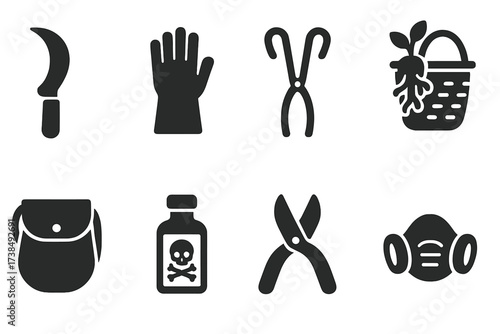 Poisonous Plant Tool Icons. Solid, filled icon set of poisonous plant harvesting tools: herb knife, gloves, iron tongs, root basket, satchel, labeled vial,