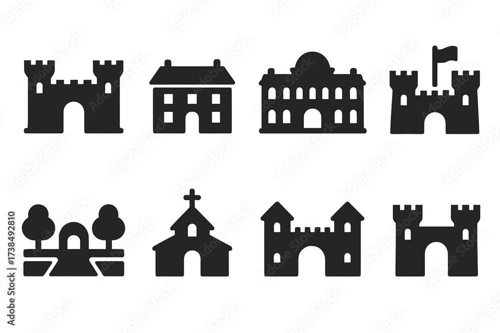 Fototapeta premium Noble Residences Icons. Solid, filled icon set of noble residences: castle, manor house, palace, estate, fortress, garden, chapel, gatehouse. Solid, filled