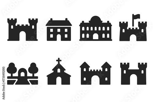 Noble Residences Icons. Solid, filled icon set of noble residences: castle, manor house, palace, estate, fortress, garden, chapel, gatehouse. Solid, filled