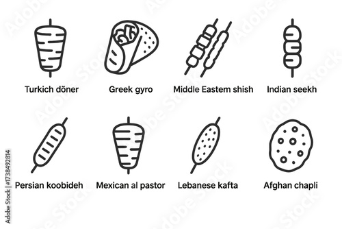 International Line Icons. Outline icon set of kebab types worldwide: Turkish doner, Greek gyro, Middle Eastern shish, Indian seekh, Persian koobideh, Mexican