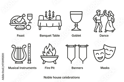Noble House Celebration Icons. Outline icon set of noble house celebrations: feast, banquet table, goblet, dance, musical instruments, fire pit, banners,