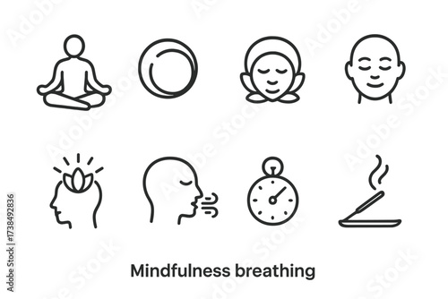 Outline Icon Sets. Outline icon set of mindfulness breathing: yoga pose, zen circle, lotus flower, calm face, peaceful mind, breath rhythm, timer, incense