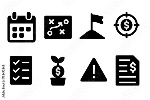 Net Worth Icon Set. Solid, filled icon set of net worth planning: calendar, strategy map, goal flag, dollar target, checklist, investment plan, risk