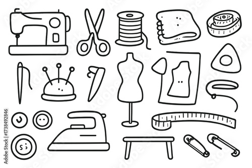 Tailor's Tools Illustration. Hand-drawn doodle illustration tailor sewing machine, scissors, thread spool, fabric, measuring tape, needle, pins, mannequin,