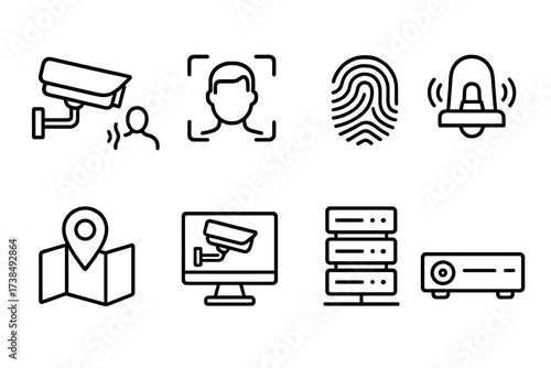 Surveillance Technology Icons. Outline icon set of surveillance technology: thermal camera, facial recognition, fingerprint scanner, security alarm, GPS