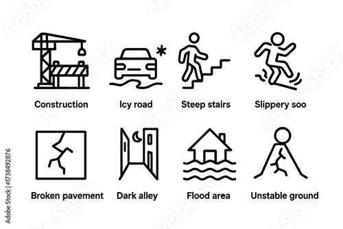 Hazard and Navigation Icons. Outline icon set of hazardous environments: construction site, icy road, steep stairs, slippery slope, broken pavement, dark