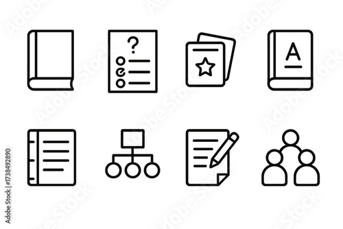 Educational Icon Set. Outline icon set of educational annotation: textbook, quiz, flashcards, glossary, lecture notes, diagram, homework, study group. Line