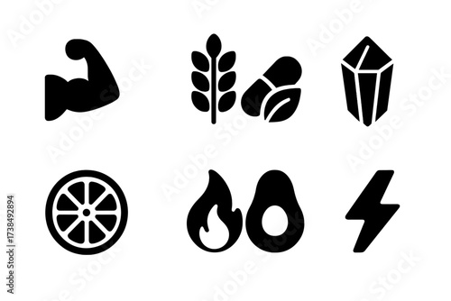 Bean Stew Nutrition Icons. Solid, filled icon set of bean stew nutrition: protein, fiber, vitamins, minerals, antioxidants, calories, healthy fats, energy.