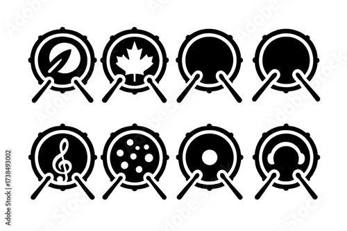 Drum Legends Icons. Solid, filled icon set of drumhead famous users: John Bonham, Neil Peart, Buddy Rich, Dave Weckl, Sheila E., Tony Williams,