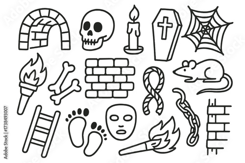 Catacombs Doodle Elements. Hand-drawn doodle illustration Catacombs tunnel skull, bone, candle, cross, coffin, cobweb, brick arch, torch, rat, stone wall,