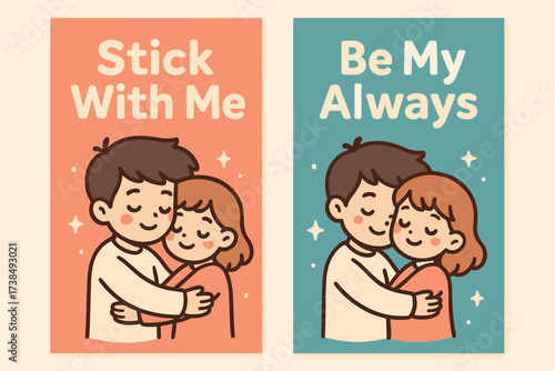 Cute Couple Banners. Commitment. Two vertical A6 banners, kawaii, coral and teal backgrounds, cute couple hugging with tiny stars, first banner with text