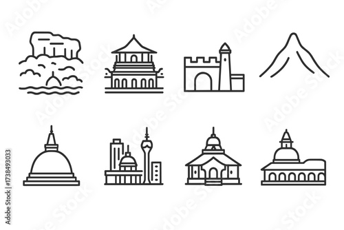 Sri Lanka & Nepal Icons. Outline icon set of Sri Lankan landmarks: Sigiriya rock, Temple of the Tooth, Galle fort, Adam?s peak, Anuradhapura stupa, Colombo