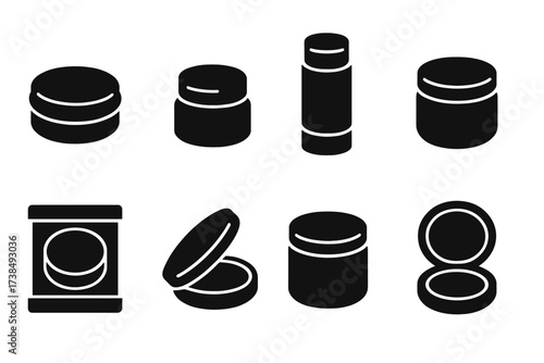 Balm Packaging Icons. Solid, filled icon set of solid balm packaging: metal tin, small jar, twist-up stick, pot container, wooden box, reusable tin, plastic