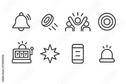 Slot Machine Icon Set. Outline icon set of slot machine sounds and effects: bell chime, coin drop, crowd cheer, spinning sound, jackpot alarm, win flash, reel