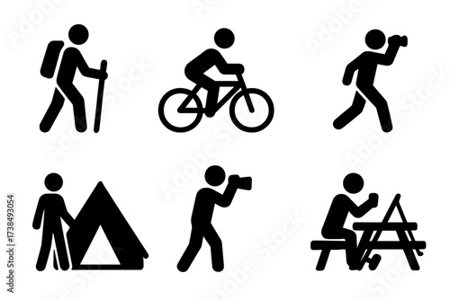 Trail Activity Icons. Solid, filled icon set of trail activities: hiking, biking, running, bird watching, camping, photography, fishing, picnicking. [Line
