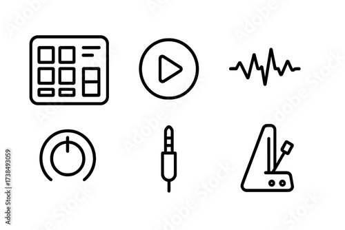Digital Drum Sampler Icons. Outline icon set of digital drum sampler: drum pad, play button, record button, waveform display, volume knob, slider, headphone