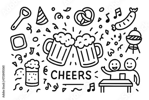 Beer Cheers Icons. Hand-drawn doodle illustration beer cheers gathering beer mug, clinking glasses, foam, bubbles, party hat, pretzel, barbecue grill, sausage,