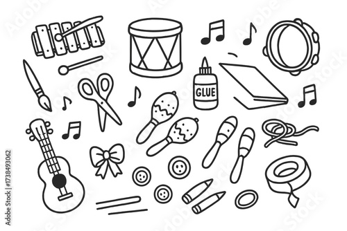 DIY Musical Toys Doodle. Hand-drawn doodle illustration DIY musical toys xylophone, drum, tambourine, paintbrush, scissors, glue, cardboard, music notes,