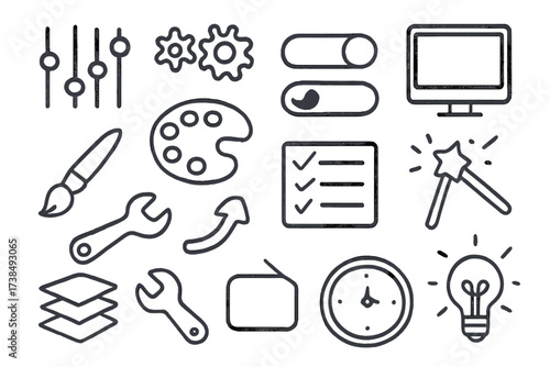 Doodle Graphics Toolkit. Hand-drawn doodle illustration preset sliders, gears, toggle switches, computer screen, paintbrush, color palette, checklist, magic