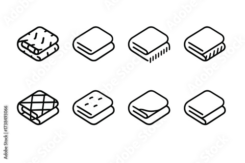Warm Blanket Icon Set. Outline icon set of warm blanket textures: knitted, fleece, woolen, cotton, quilted, cashmere, silk blend, polyester. Line icons in only