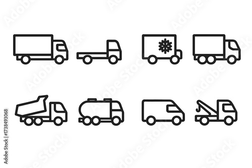 Truck Icon Set. Outline icon set of transport truck: cargo trailer, flatbed truck, refrigerated truck, semi-trailer, dump truck, tanker truck, delivery van,