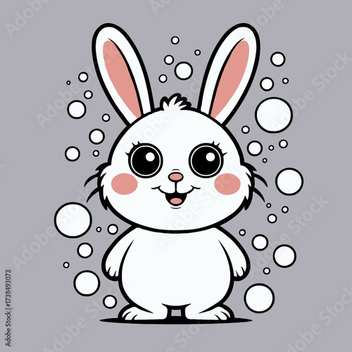Cute cartoon rabbit character surrounded by bubbles on gray background  