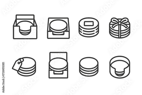 Coaster Packaging Icons. Outline icon set of coaster packaging: box, sleeve, wrapping, label, ribbon, tag, insert card, protective case. [Line icons in only