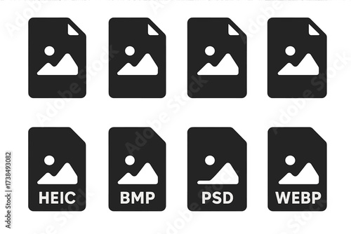 Photo Format Icons. Solid, filled icon set of photo formats: JPG file, PNG file, RAW file, TIFF file, HEIC file, BMP file, PSD file, WEBP file. Solid, filled