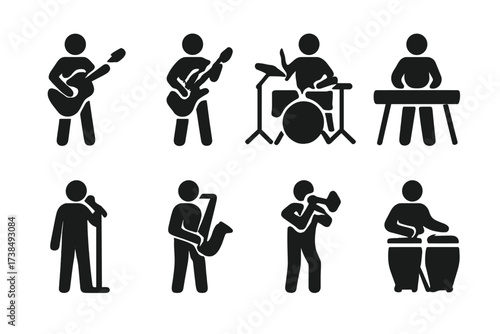 Jam Session Icons. Solid, filled icon set of jam session musicians: guitarist, bassist, drummer, keyboardist, vocalist, saxophonist, trumpeter, percussionist.