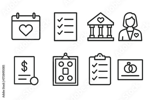 Wedding Icons Set. Outline icon set of wedding planning: calendar, checklist, venue, wedding planner, budget, seating chart, checklist clipboard, RSVP card.