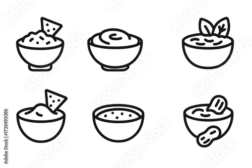 Appetizer Dip Icons. Outline icon set of appetizer dips: guacamole, salsa, hummus, spinach dip, cheese sauce, ranch, tzatziki, peanut sauce. [Line icons in