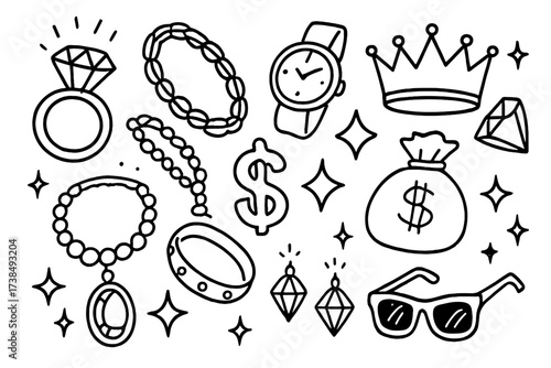 Extravagant Jewelry Doodle. Hand-drawn doodle illustration extravagant bling diamond ring, gold chain, watch, sparkling necklace, crown, gemstone, bracelet,