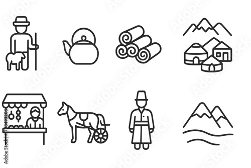 Kyrgyz and Chinese Icons. Outline icon set of Kyrgyz daily life: shepherd, tea pot, felt blankets, mountain village, marketplace, horse cart, traditional