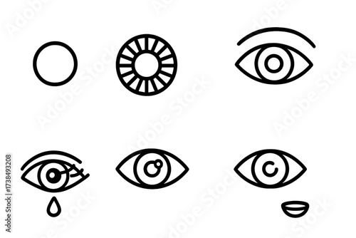 Eye Icon Collection. Outline icon set of deep gaze eye details: pupil, iris, eyelashes, eyebrow, eye shadow, tear drop, eye reflection, contact lens. Line