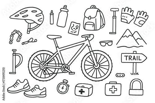 Mountain Biking Icons. Hand-drawn doodle illustration Mountain biking journey mountain bike, helmet, water bottle, trail map, backpack, mountain, tire pump,