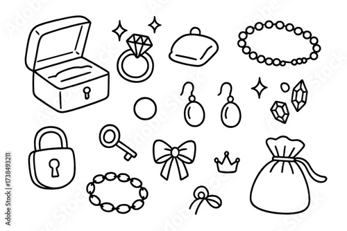Jewelry Box Doodle. Hand-drawn doodle illustration jewelry box open box, ring, necklace, earrings, bracelet, velvet cushion, lock, key, sparkle stars, pearl,