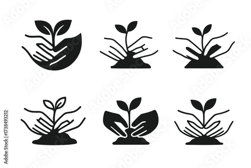 Gardening Mentorship Logos. Seniors guiding youth in gardening. Set Logo of community mentorship: hands planting sprouts together. harmonious logo variations