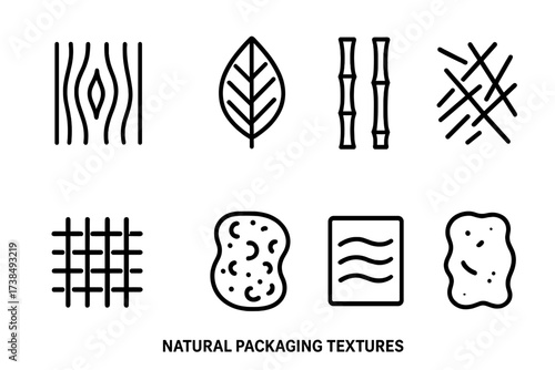 Natural Texture Icons. Outline icon set of natural packaging textures: wood grain, leaf veins, bamboo sticks, paper fibers, jute weave, cork texture, cotton