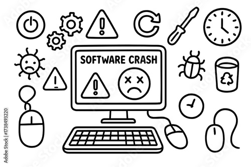 Software Crash Doodle. Hand-drawn doodle illustration software crash error message, blue screen, warning triangle, sad face, gears, computer screen, keyboard,
