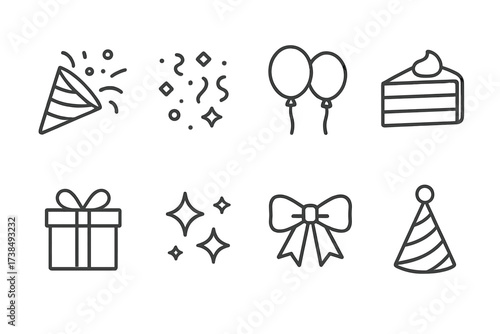 Celebration and Care Icons. Outline icon set of gift celebrations: party popper, confetti, balloons, cake slice, gift box, sparkling stars, ribbon bow, party