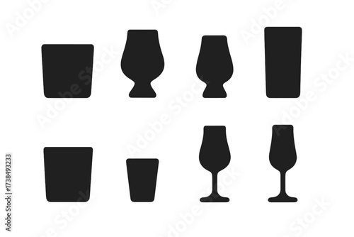 Whiskey Glass Icon Set. Solid, filled icon set of whiskey glasses: tumbler, snifter, Glencairn, highball, shot glass, old fashioned glass, copita, whiskey