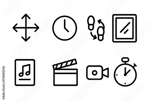 Dance Choreography Icons. Outline icon set of dance choreography: arrows, timing clock, step diagram, mirror, sheet music, clapperboard, video